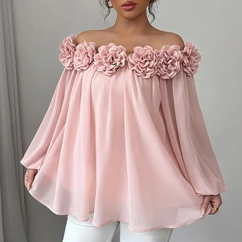 Elegant 3D Floral Off-Shoulder Ruffle Blouse