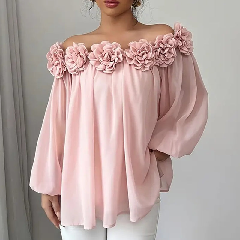 Elegant 3D Floral Off-Shoulder Ruffle Blouse