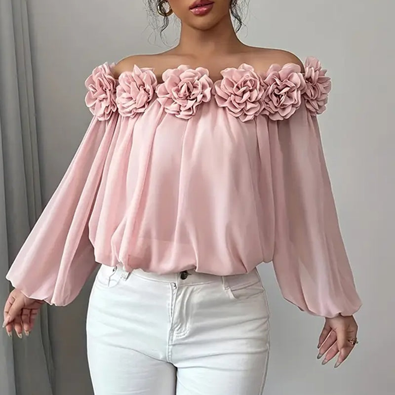 Elegant 3D Floral Off-Shoulder Ruffle Blouse